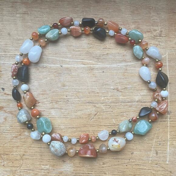 Chunky Earth’s Palette Crystal Gemstone Vintage Necklace Agate Jasper Quartz 32” - Picture 6 of 6